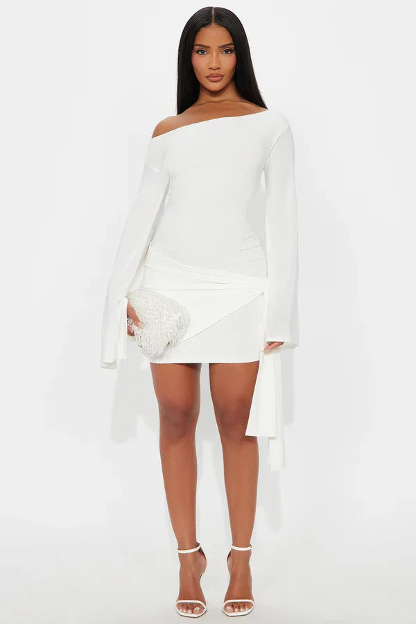 White Asymmetric Off-Shoulder Flare Sleeve Bodycon Mini Dress