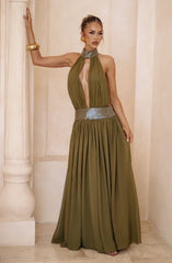 Women Halter Deep Keyhole Open Back Metallic Trim High Waist Chiffon Maxi Gown