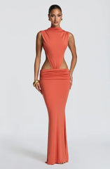 Coral Orange High Neck Sleeveless Waist Cutout Backless Ruched Mermaid Maxi Dress