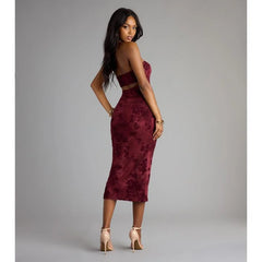 Burgundy Strapless Velvet Floral Midi Dress | Sexy Ruched Bodycon Dress