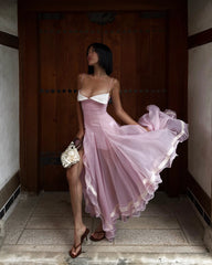 Two-Tone Satin & Lace Trim Cami Maxi Dress