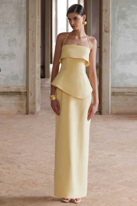 Halter Tie Flounce Waisted Slit Maxi Dress Set