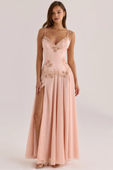 Light Pink Lace Trim Beaded Slit Cami Maxi Prom Dress