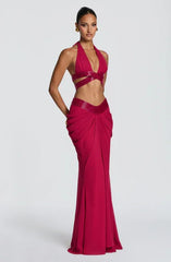 Women's Backless Cutout Short Top and Pleated Mermaid Long Skirt Two-Piece Chiffon Set