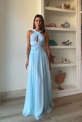 Halter Twist Cutout Waist Chiffon Maxi Dress