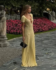 Cream Yellow 3D Flower U-Neck Cutout Knit Backless Maxi Dress