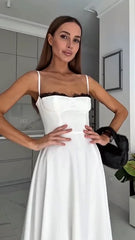 Black and White Color Block Lace Trim Cami Flared Midi Dress