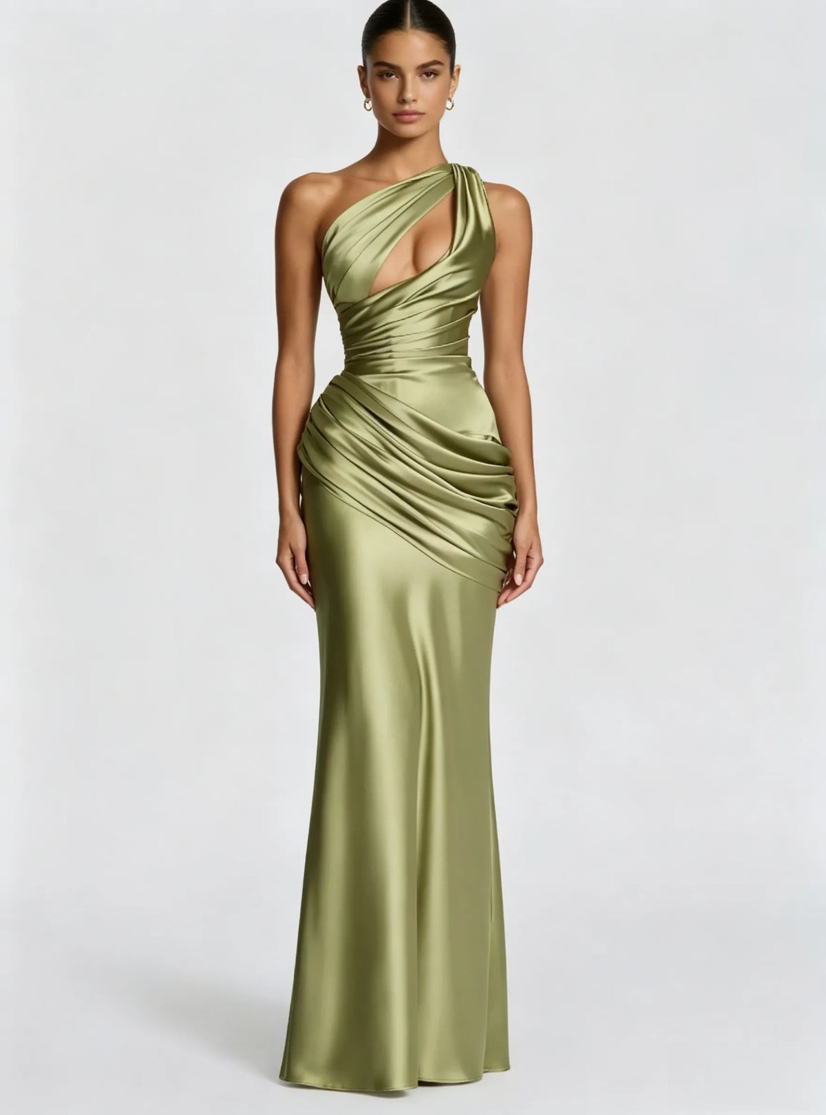 Emina One-Shoulder Satin Maxi Dress in Light Olive