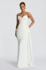 White / Red Strapless Cowl Neck Lace-Up Backless Draped Ruched Bodycon Mermaid Evening Maxi Dress