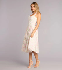 Pink & White Halter Floral Waist-Cinching Tie-Back Midi Dress