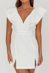 Liardon Bubble Sleeve V-Neckline Mini Dress White