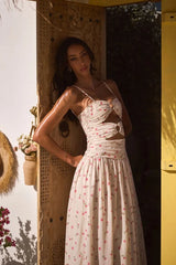 Beige Pink Floral Cutout Ruched Cami Maxi Dress | Vacation Style Sexy Backless Beach Dress