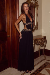 Halter Deep V Cutout Embellished Maxi Evening Gown