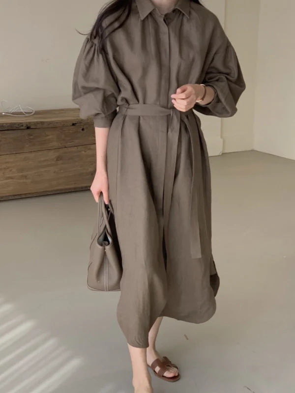 Lantern Long Sleeved Solid Color Waist Shirt Maxi Dress