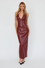 Marella Halterneck Faux Leather Maxi Dress Wine