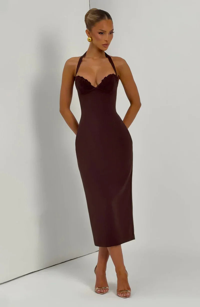 Dark Brown Halter Lace Bustier Lace-Up Backless Bodycon Midi Dress
