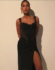 Black Lace Strap Sheer Corset Draped High Slit Maxi Evening Dress