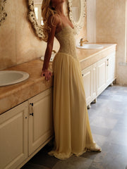 Women Thin Spaghetti Strap Eyelash Lace Corset Bodice Lace Up Back Chiffon Flowy Maxi Dress