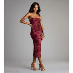 Burgundy Strapless Velvet Floral Midi Dress | Sexy Ruched Bodycon Dress