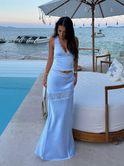 Satin Lace Trim V-Neck Cami Top & Maxi Skirt Two-Piece Set