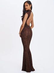 Brown Flocked Leopard Print Sheer Open-Back Turtleneck Mermaid Gown