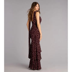 Burgundy Polka Dot Spaghetti Strap Mermaid Maxi Dress | Vintage Draped Ruffle Evening Gown