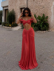 Coral Red Twist Off-Shoulder Crop Top & Draped Maxi Skirt Set