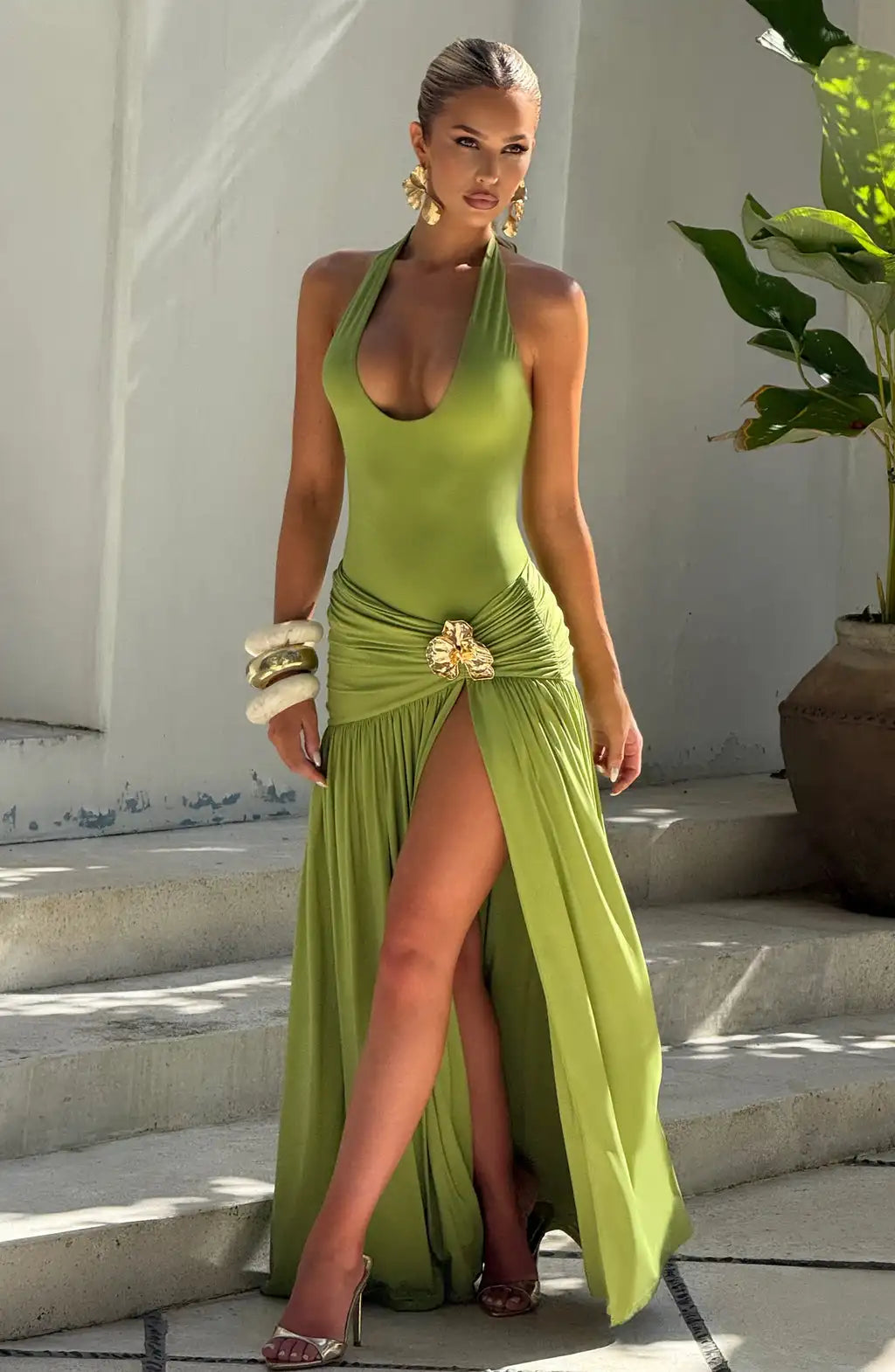 Sexy Halter Metallic Floral Accent High-Slit Floor-Length Maxi Dress