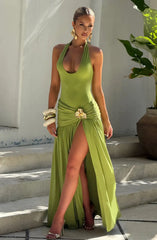 Sexy Halter Metallic Floral Accent High-Slit Floor-Length Maxi Dress