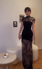 Lace High-Neck Spliced Velvet Sheer Evening Gown