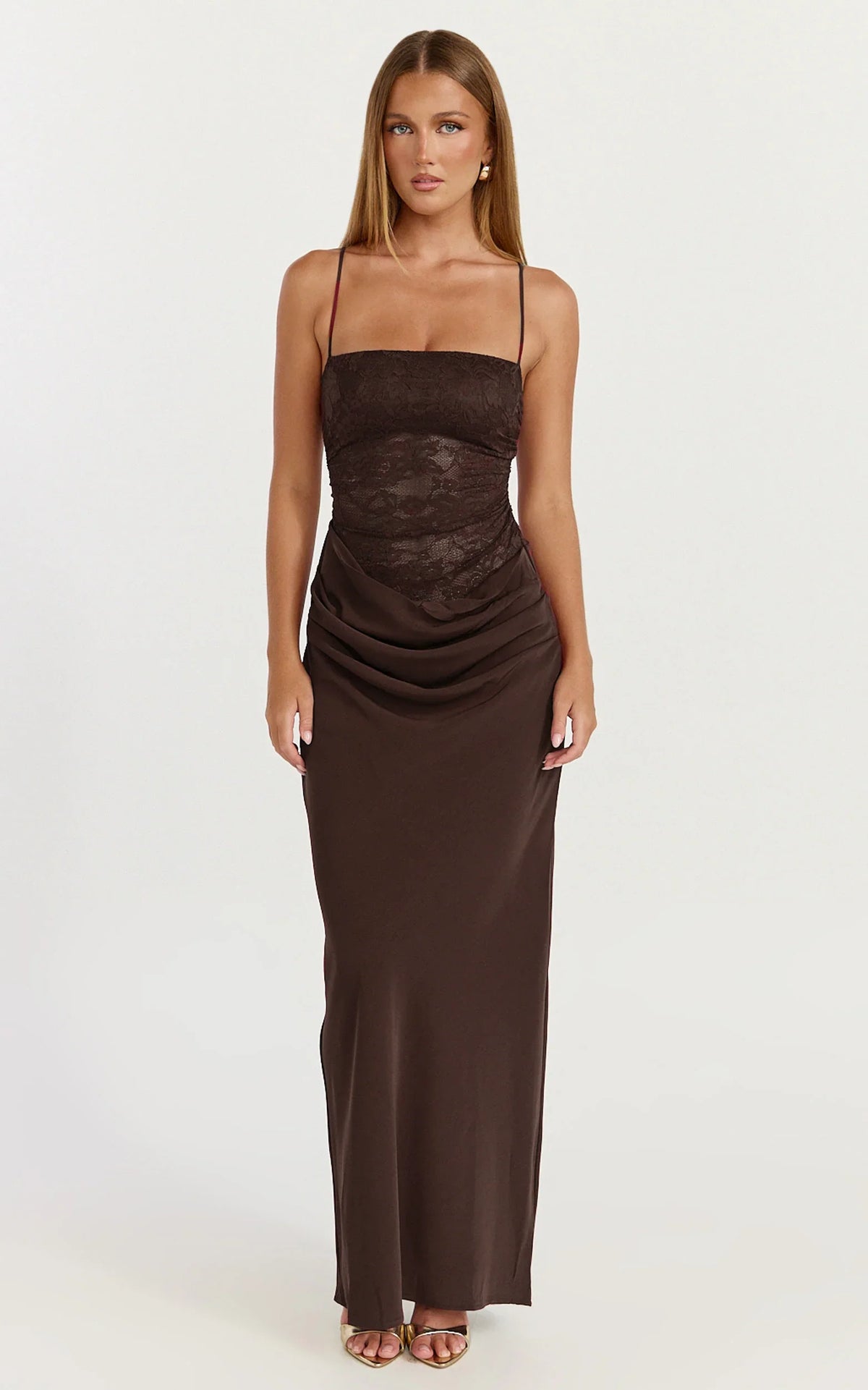 Lace Panel Draped Satin Maxi Dress