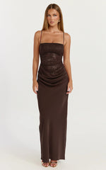 Lace Panel Draped Satin Maxi Dress