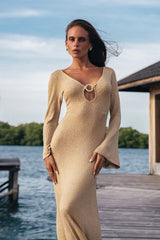Khaki Metallic Cutout Flare Sleeve Open-Back Tie Knit Maxi Dress