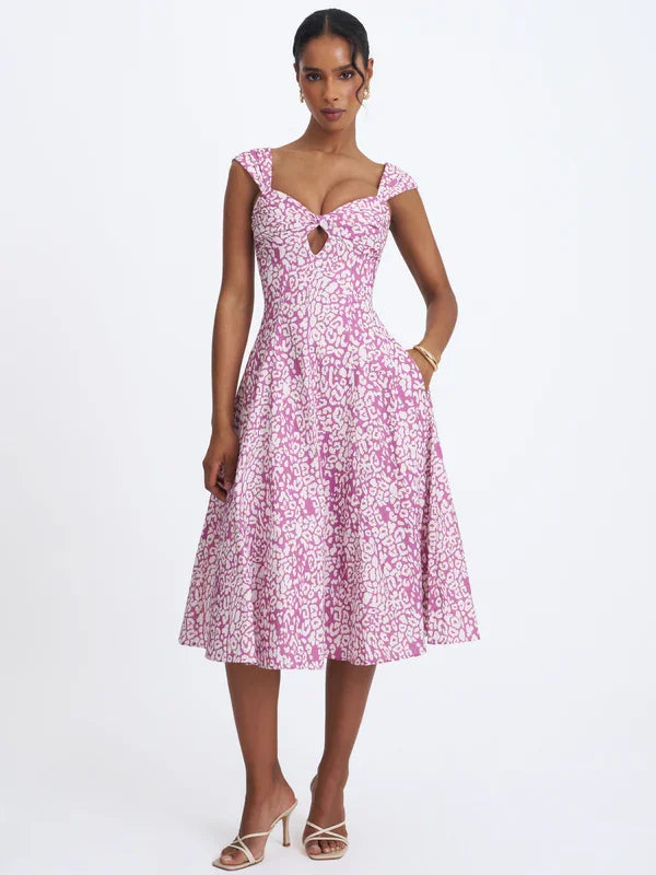 Pink Leopard Print Twist-Front Sweetheart Neck Midi Dress