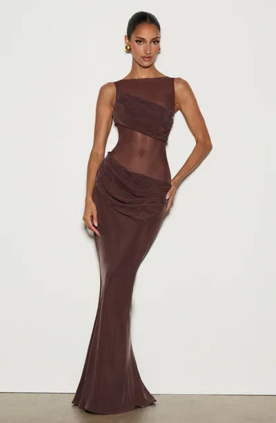 Dark Brown Sleeveless Sheer Mesh Waist Ruched Bodycon Mermaid Evening Maxi Dress