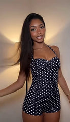 Vintage Polka Dot Halter Ruched Waist-Cinching Romper | Y2K Slimming Jumpsuit