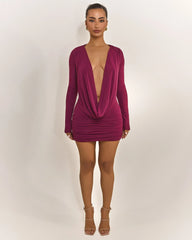 Gentle Style Magenta Deep V Draped Neck Ruched Bodycon Dress