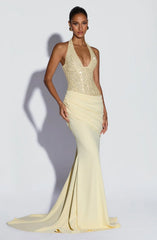 Luxury Champagne Gold Sequin Halter Backless Mermaid Evening Gown | Waist-Cinching Slimming Elegant Long Wedding Guest Dress