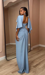 「Misty blue draped backless dress with cape sleeves, an elegant long gown」