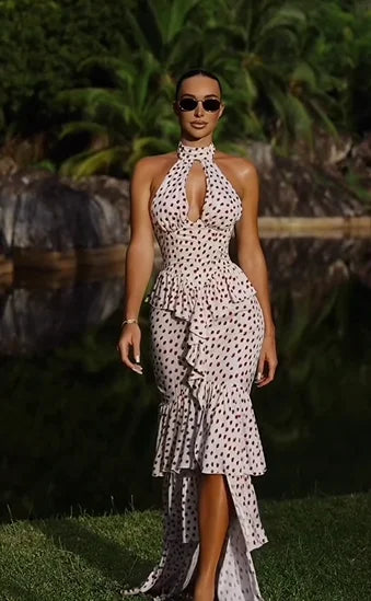 Polka Dot Halter Cutout Ruffle Hem Mermaid Trailing Maxi Dress
