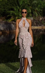 Polka Dot Halter Cutout Ruffle Hem Mermaid Trailing Maxi Dress
