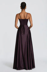 Cream Yellow Satin Spaghetti Strap Bustier Lace-Up Backless A-Line Evening Maxi Dress