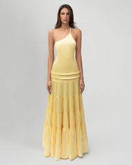One-Shoulder Open-Back Satin Tiered Maxi Dress