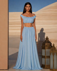 Sky Blue Off-Shoulder Crop Top Flowy Maxi Skirt Two-Piece Set