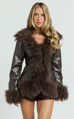 Eileen Coat - Faux Fur Trim Faux Leather Coat in Dark Brown