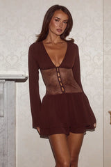 Deep Brown V-Neck Lace-Waist Long Sleeve Ruffle Mini Dress