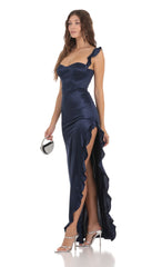 Satin Ruffle Maxi Dress in Navy 2