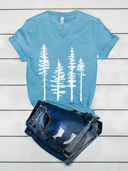 V-neck Pine Tree Print Women's T-shirt
