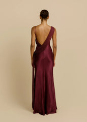 One-Shoulder Draped Sash Open Back Satin Mermaid Maxi Evening Dress