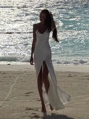 White Satin Open-Back High-Slit Strappy Vacation Maxi Dress